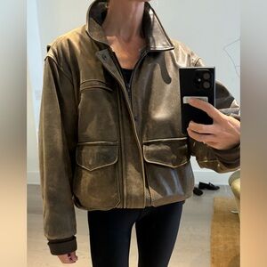 Vintage Brown Leather Bomber Jacket